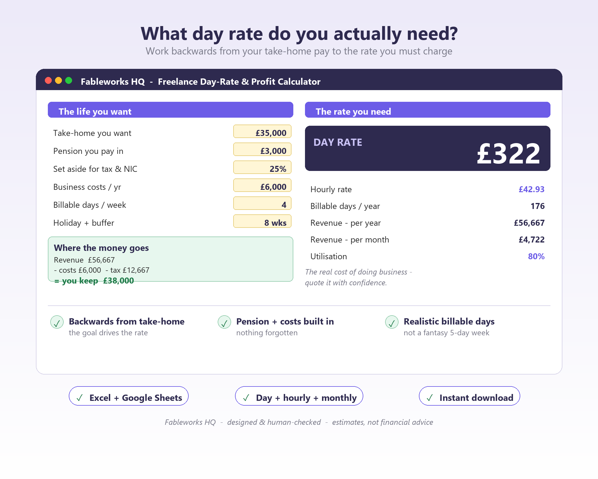 Screenshot of the Freelance Day-Rate and Profit Calculator spreadsheet