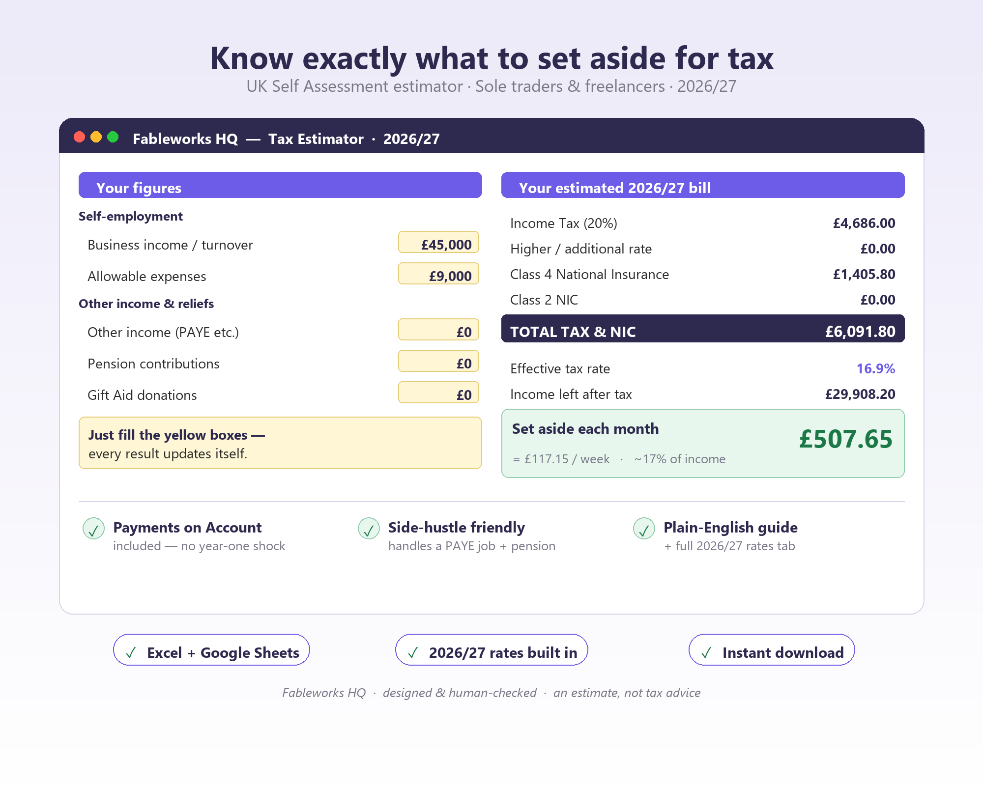 Screenshot of the Self Assessment Tax Estimator spreadsheet showing a worked example